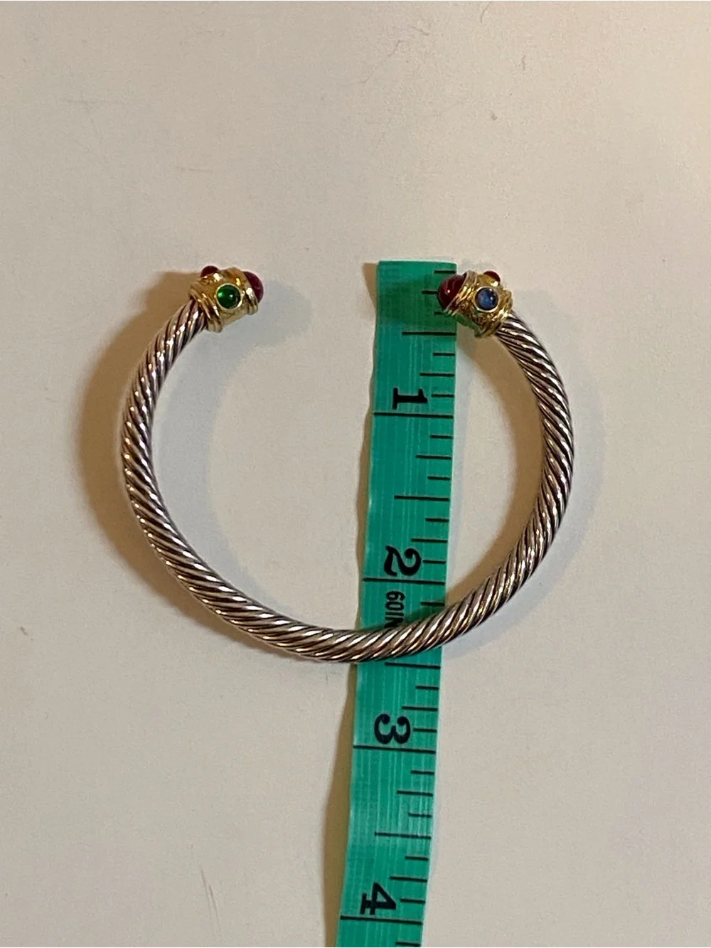 Twisted Silver Tone Open Cuff Bracelet with Multicolor Cabochons